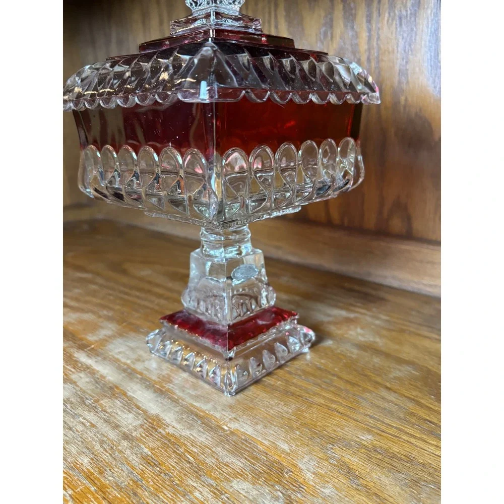 Vintage Smith Glass Ruby Red Clear Pedestal Candy Dish Lid Square Compote